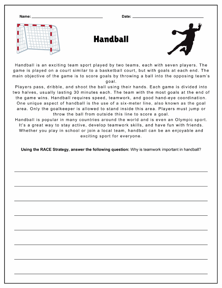Handball: a nonfiction passage with a RACE writing prompt and response lines