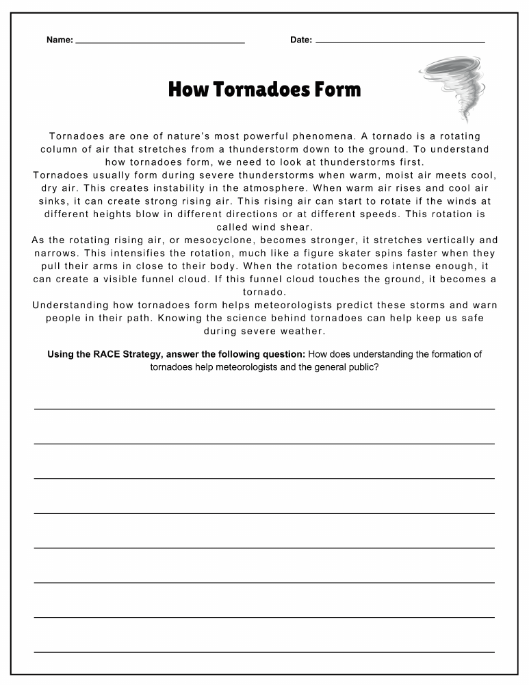 How Tornadoes Form: a nonfiction passage with a RACE writing prompt and response lines